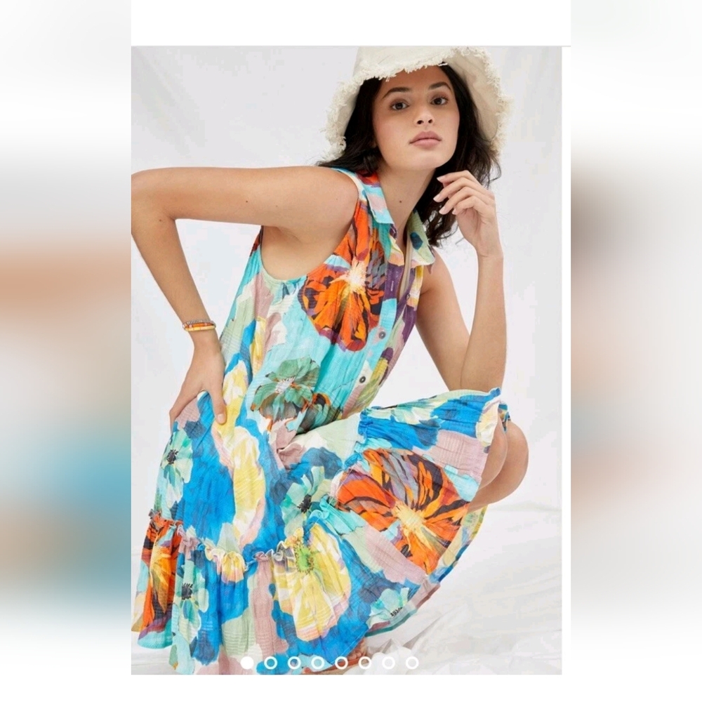 Anthropologie Maeve Zola Paint Flower Button Front Tunic Shirt Dress Size Medium